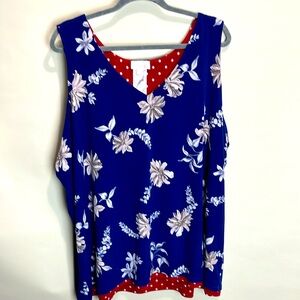Belle by Kim Gravel size 3X reversible sleeveless top, red blue floral/polka dot
